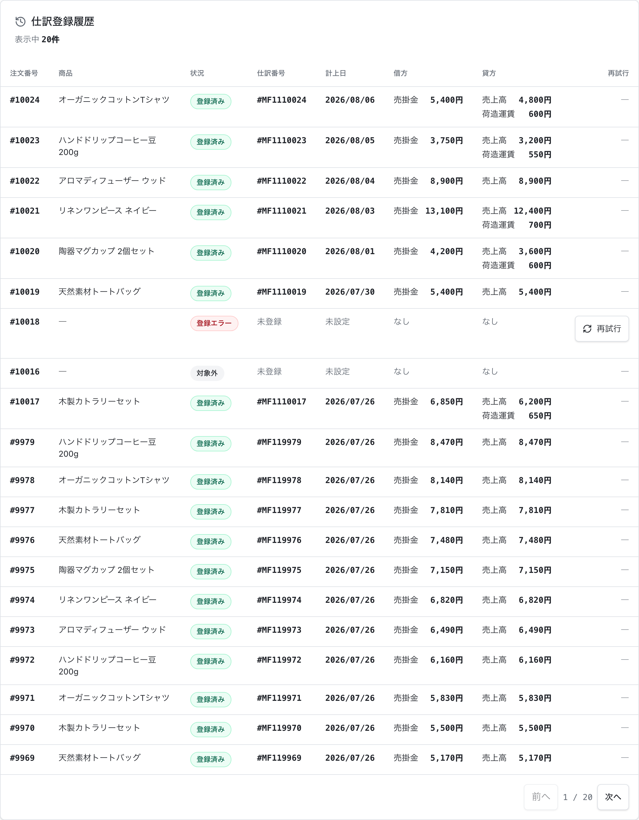 登録済み、登録エラー、対象外の注文が並ぶJournifyのカラーミーショップ仕訳登録履歴