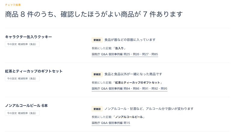 商品の税率設定チェックの結果画面。缶入りクッキー、紅茶とティーカップのギフトセット、ノンアルコールビールに、確認したほうがよい理由と国税庁Q&Aの問番号が表示されている